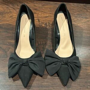 Zara black pointy toe big bow block kitten heel pumps